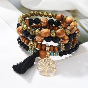 4PC Tree Tassel and Charm Beaded Bracelet Set